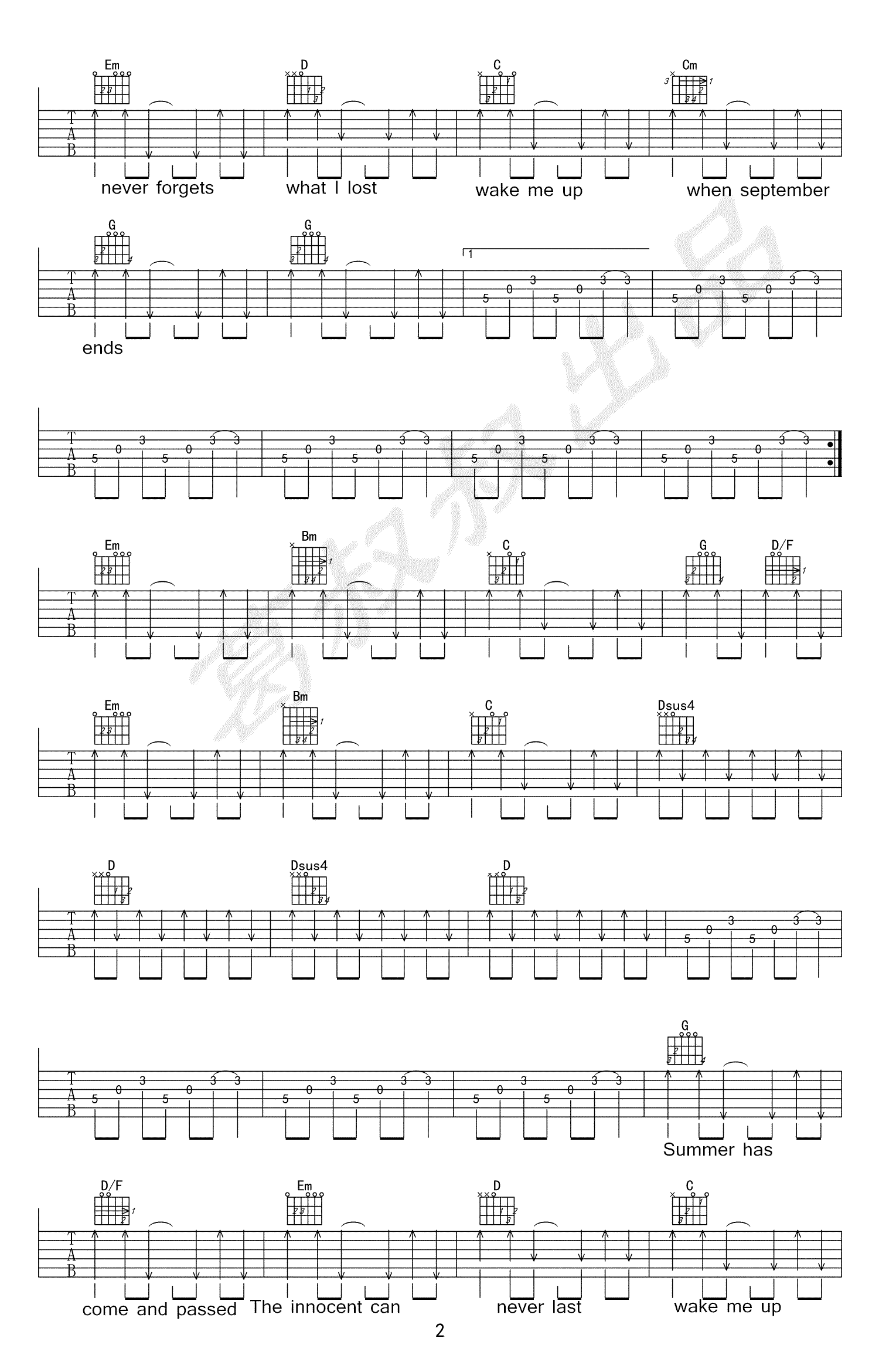 Wake me up when september ends吉他谱 G调高清版_葛叔叔编配_Green Day