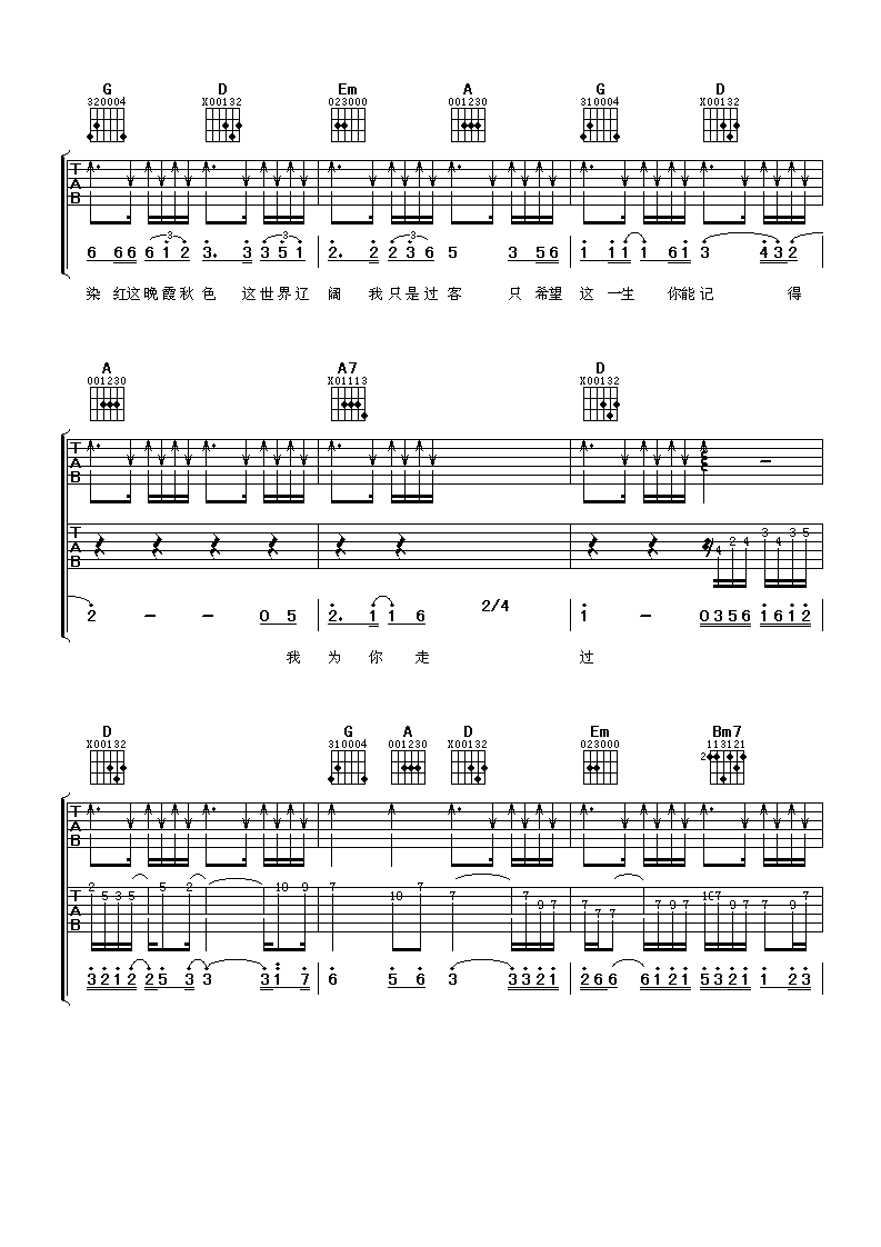 我为你走过吉他谱 D调扫弦版_阿潘音乐工场编配_满文军