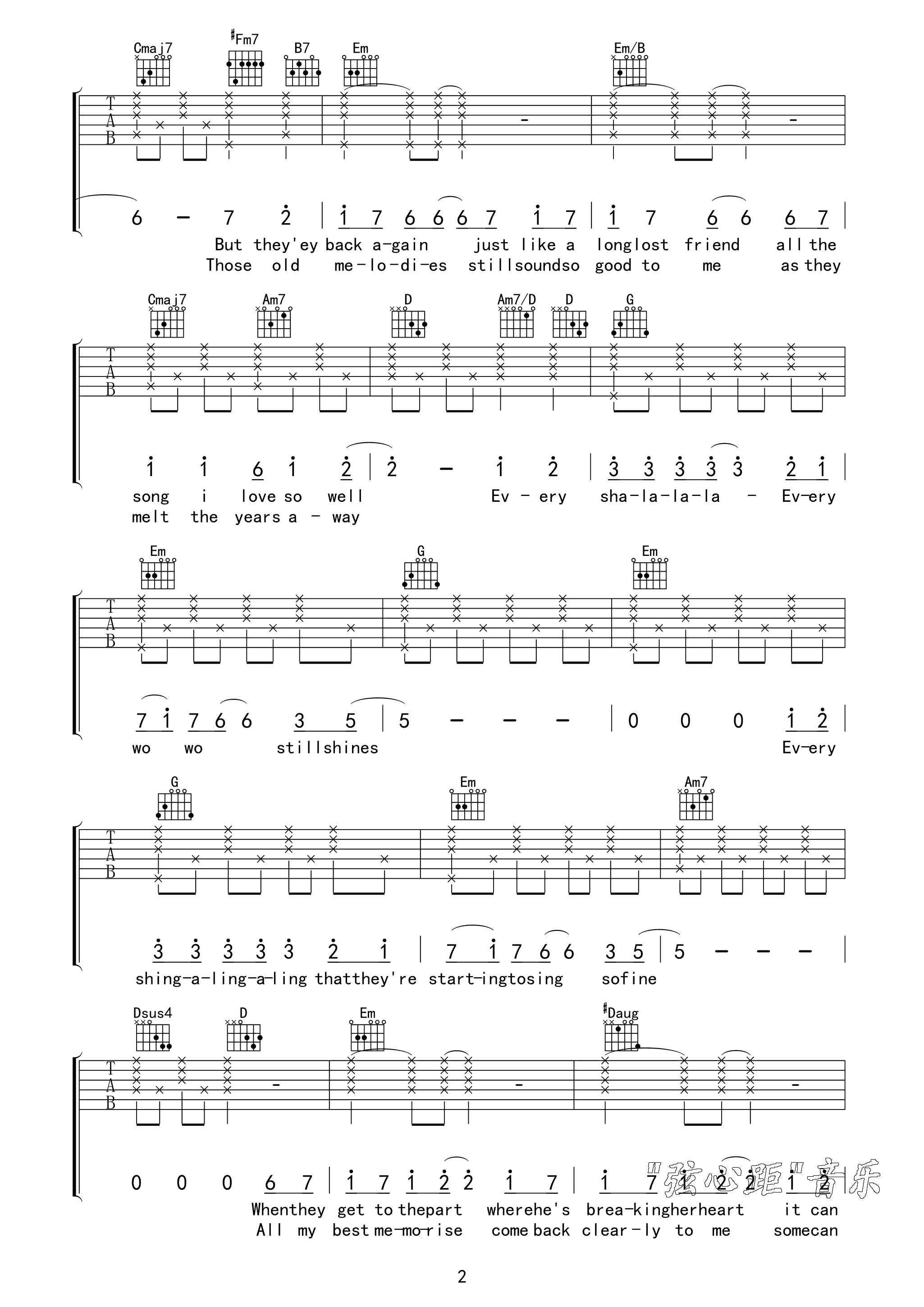 Yesterday Once More吉他谱 G调高清版_弦心距编配_carpenters