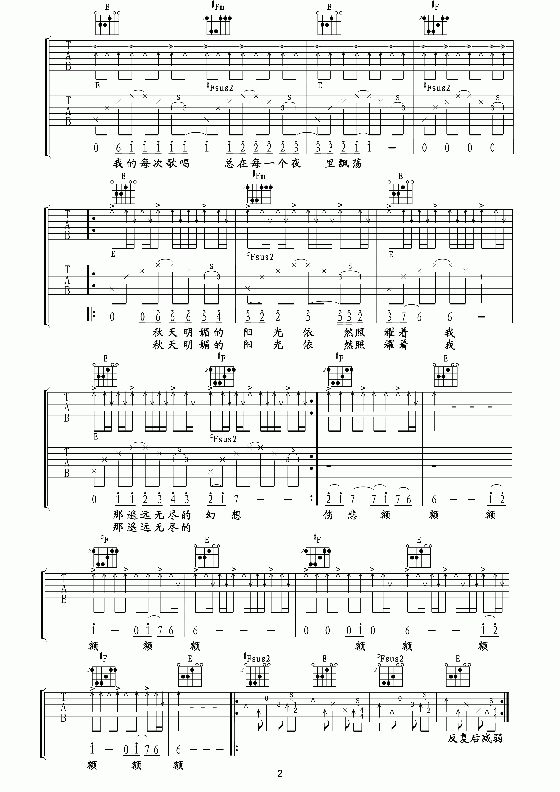 青鸟吉他谱 B调精选版_玩易吉他编配_许巍