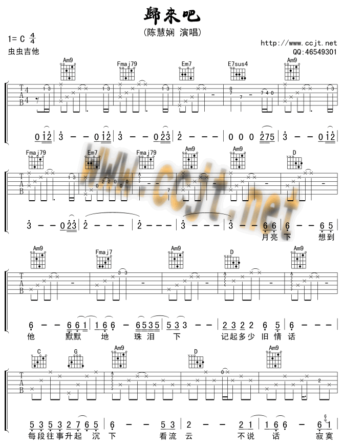 归来吧吉他谱 C调六线谱_虫虫吉他编配_陈慧娴-吉他谱_吉他弹唱六线谱_指弹吉他谱_吉他教学视频 - 民谣吉他网