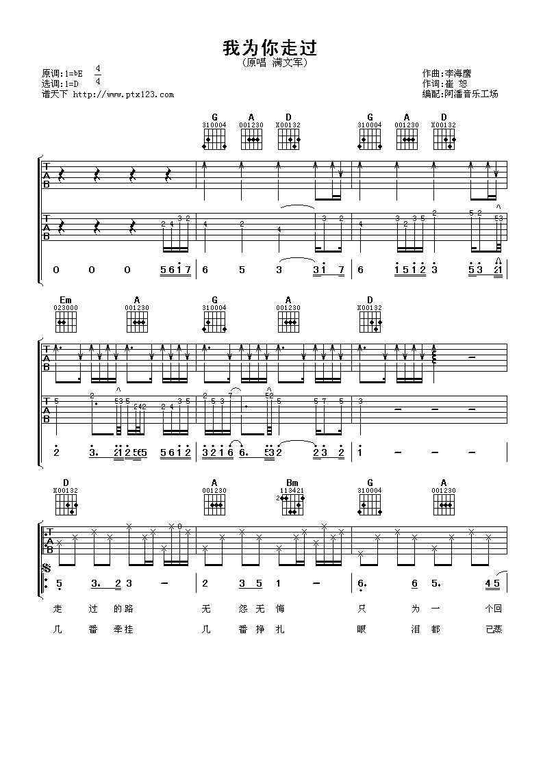 我为你走过吉他谱 D调扫弦版_阿潘音乐工场编配_满文军-吉他谱_吉他弹唱六线谱_指弹吉他谱_吉他教学视频 - 民谣吉他网