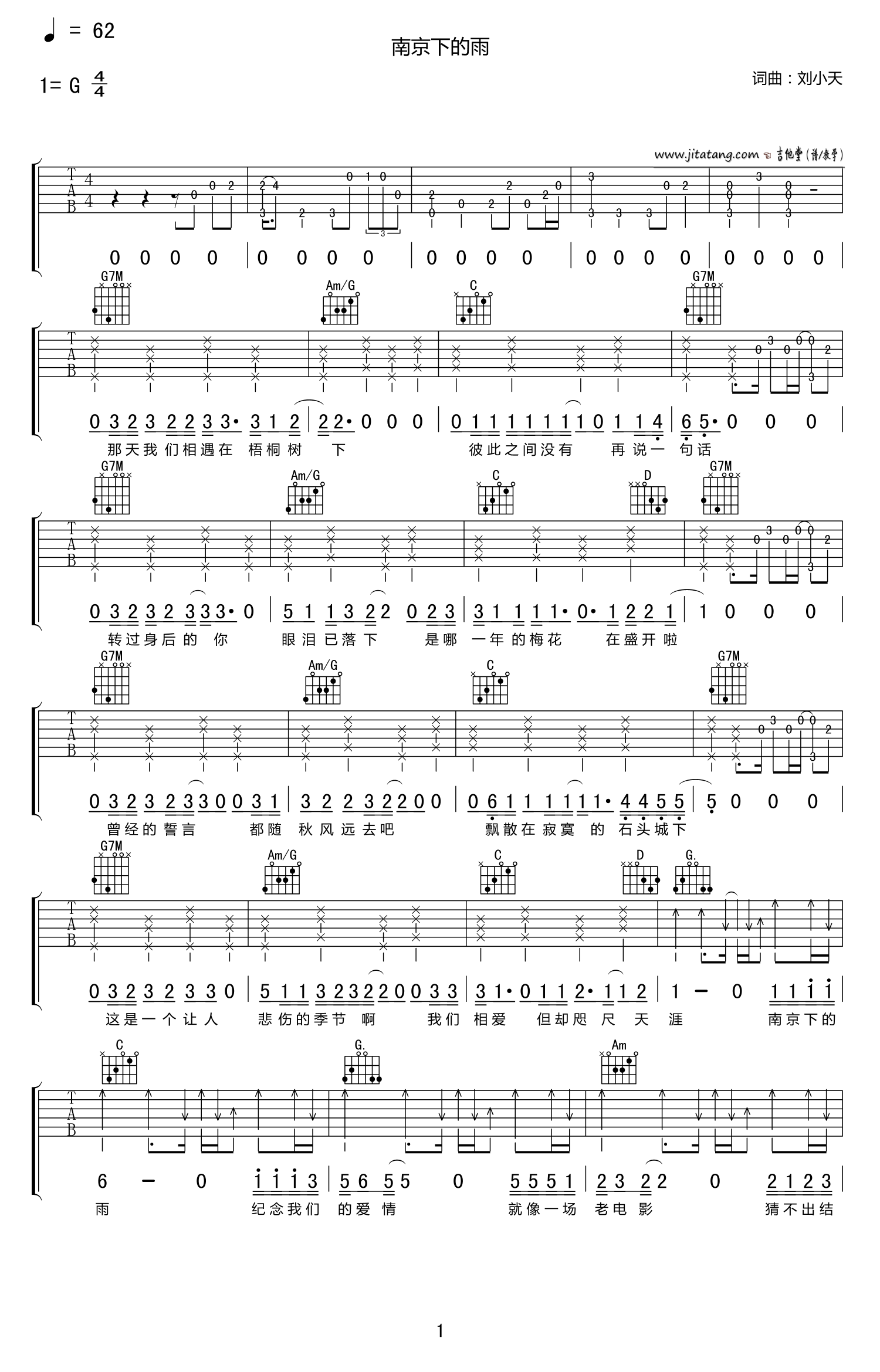 南京下的雨吉他谱 G调_念梦痕编配_刘小天-吉他谱_吉他弹唱六线谱_指弹吉他谱_吉他教学视频 - 民谣吉他网