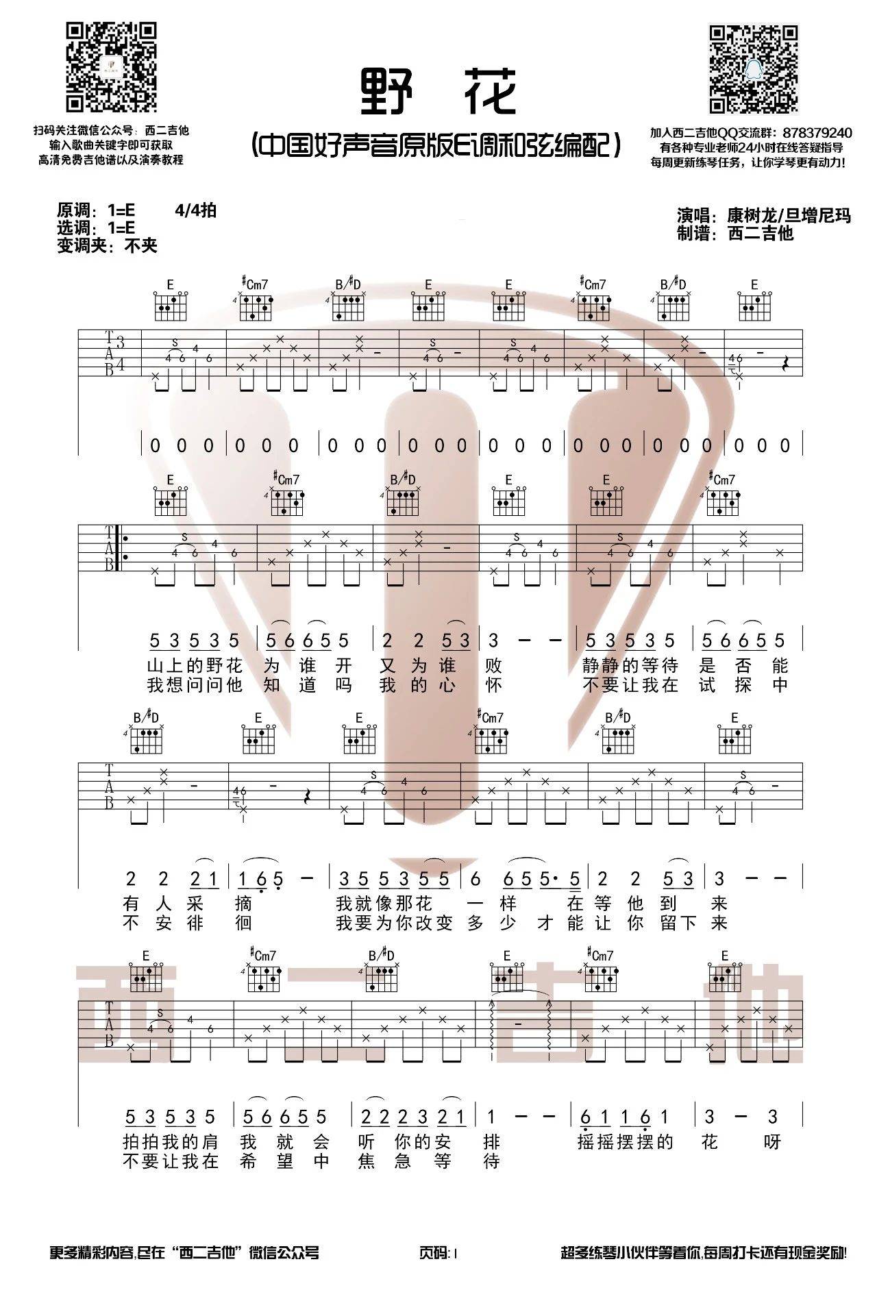 野花吉他谱 E调原版_西二吉他编配_旦增尼玛-吉他谱_吉他弹唱六线谱_指弹吉他谱_吉他教学视频 - 民谣吉他网