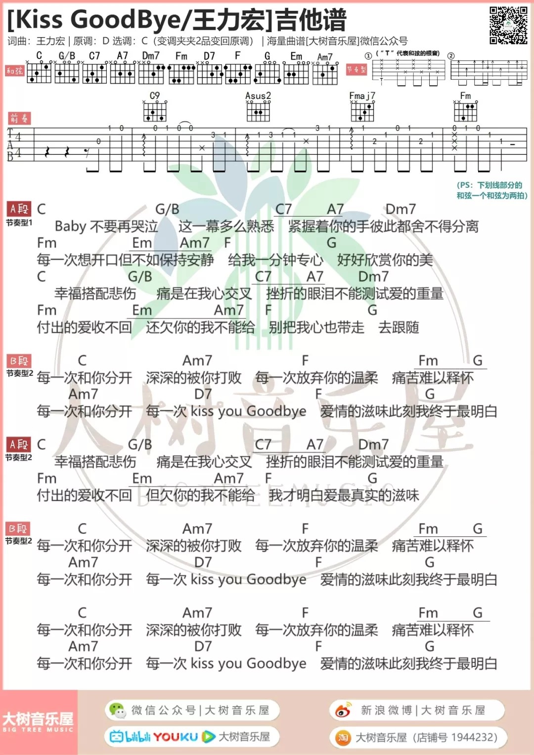 Kiss Goodbye吉他谱 C调和弦谱_大树音乐屋编配_王力宏-吉他谱_吉他弹唱六线谱_指弹吉他谱_吉他教学视频 - 民谣吉他网