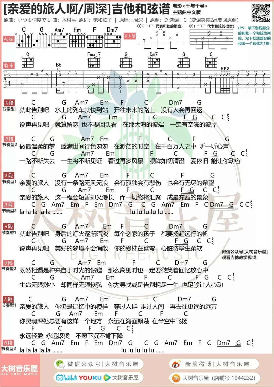 亲爱的旅人啊吉他谱 C调和弦谱_大树音乐屋编配_周深-吉他谱_吉他弹唱六线谱_指弹吉他谱_吉他教学视频 - 民谣吉他网