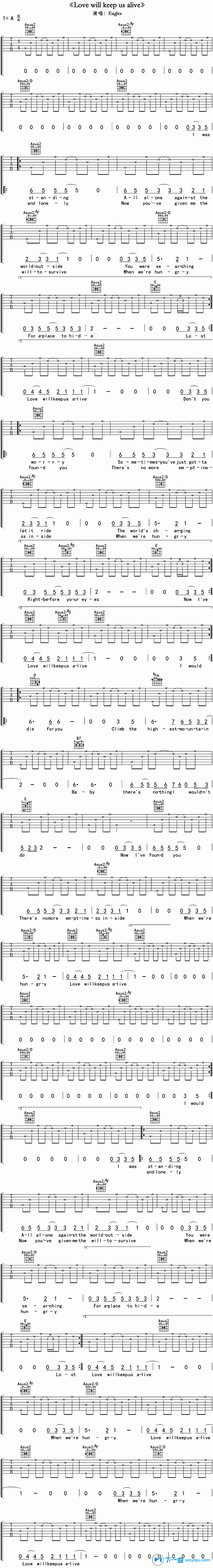 love will keep us alive吉他谱 A调六线谱_下一曲编配_老鹰乐队-吉他谱_吉他弹唱六线谱_指弹吉他谱_吉他教学视频 - 民谣吉他网