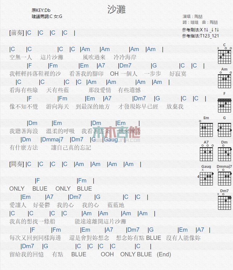 沙滩吉他谱 C调和弦谱_木木吉他编配_陶喆-吉他谱_吉他弹唱六线谱_指弹吉他谱_吉他教学视频 - 民谣吉他网