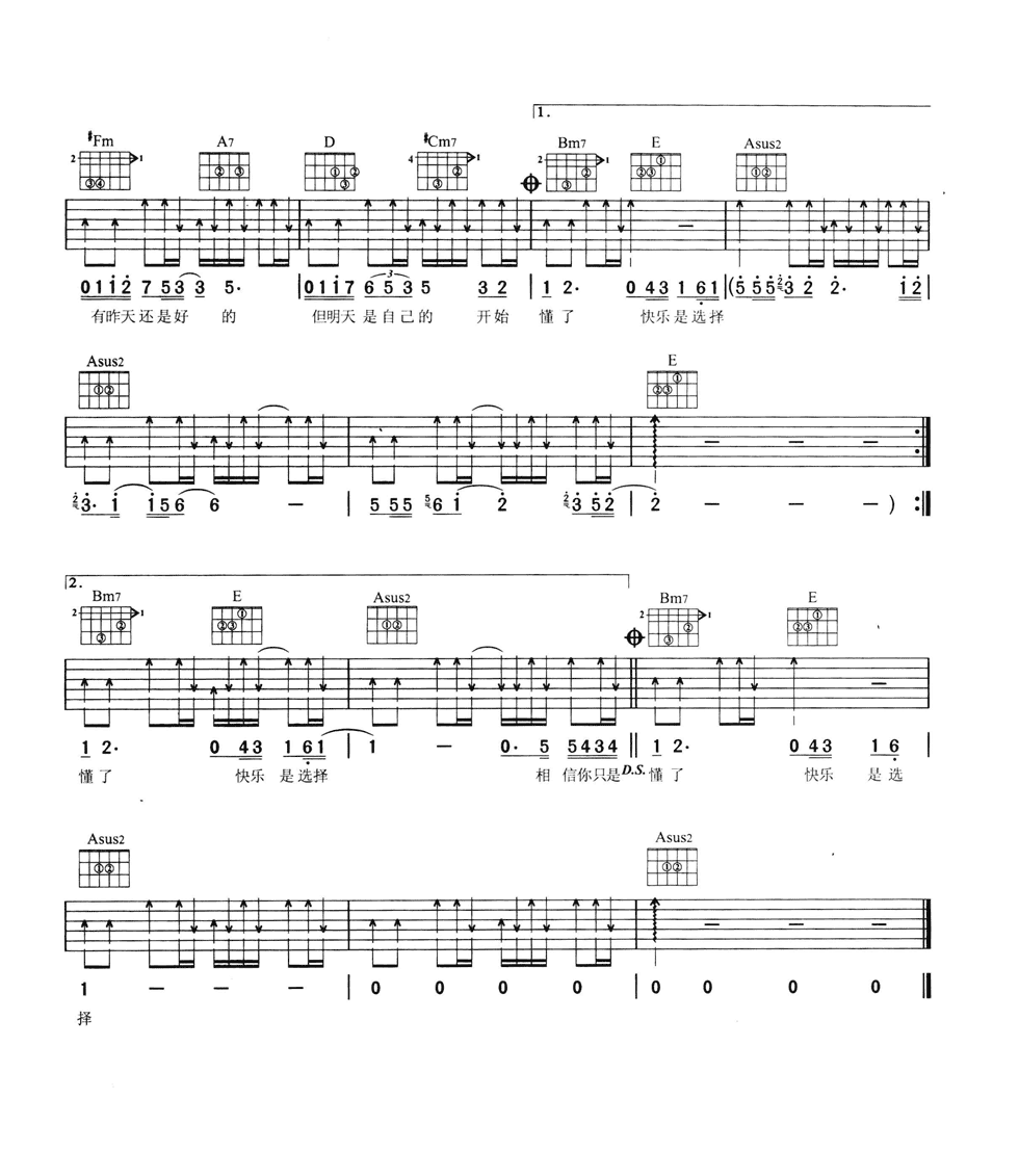 开始懂了吉他谱 A调六线谱_扫弦版_孙燕姿