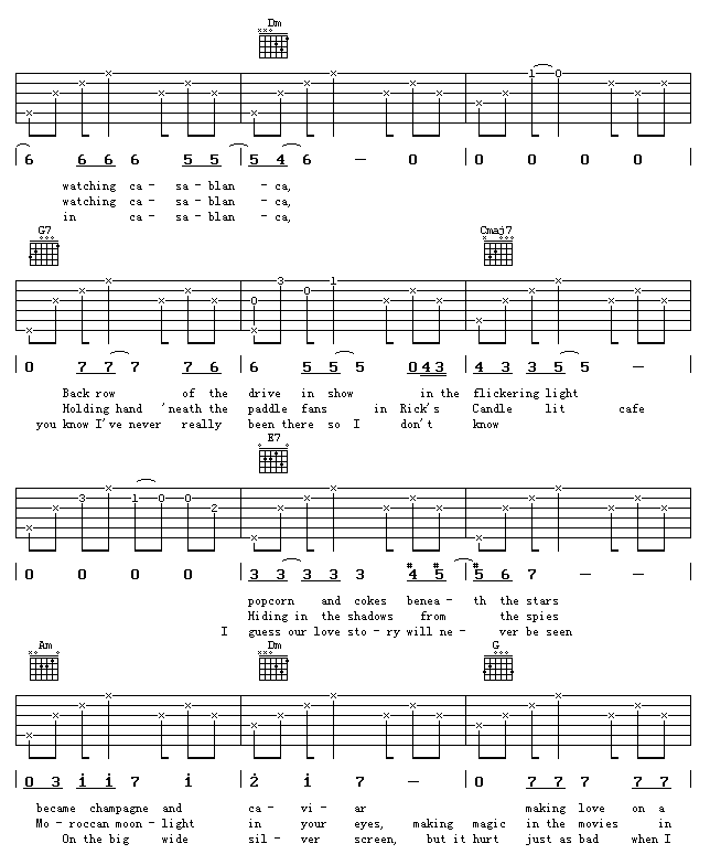 卡萨布兰卡吉他谱 A调扫弦版_17吉他编配_贝蒂·希金斯