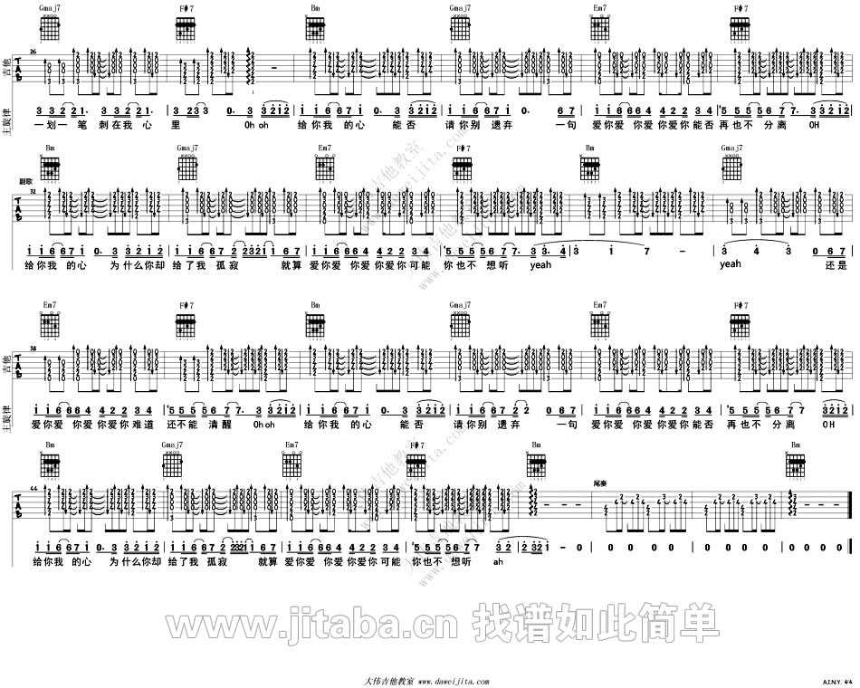 AINY爱你吉他谱 D调男生版_大伟吉他教室编配_邓紫棋