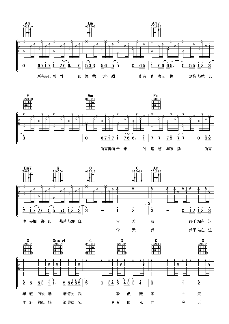 年轻的战场吉他谱 C调六线谱_阿潘音乐工场编配_张杰