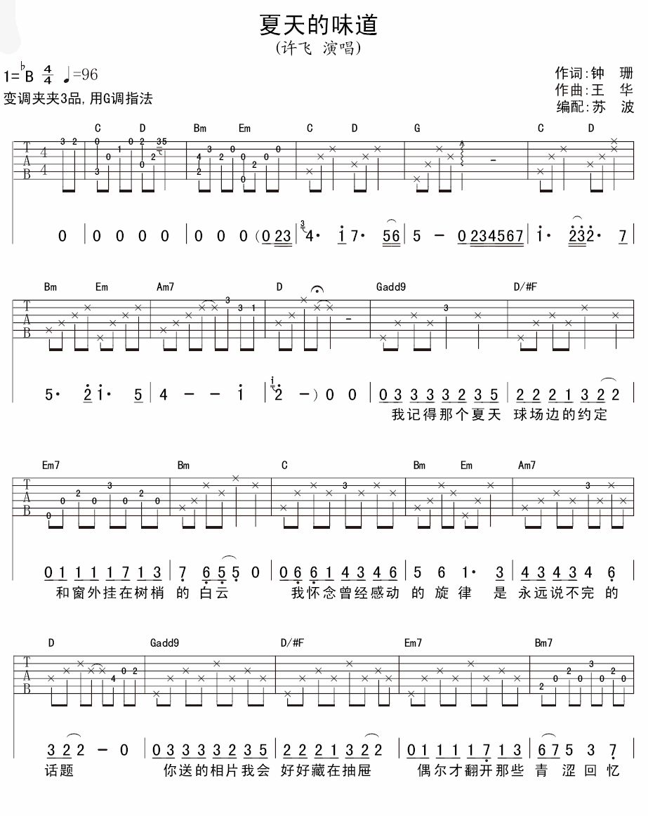 夏天的味道吉他谱 B调女生版_苏波编配_许飞-吉他谱_吉他弹唱六线谱_指弹吉他谱_吉他教学视频 - 民谣吉他网