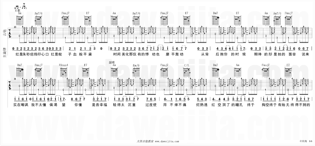 白玫瑰吉他谱 C调精选版_大伟吉他教室编配_陈奕迅