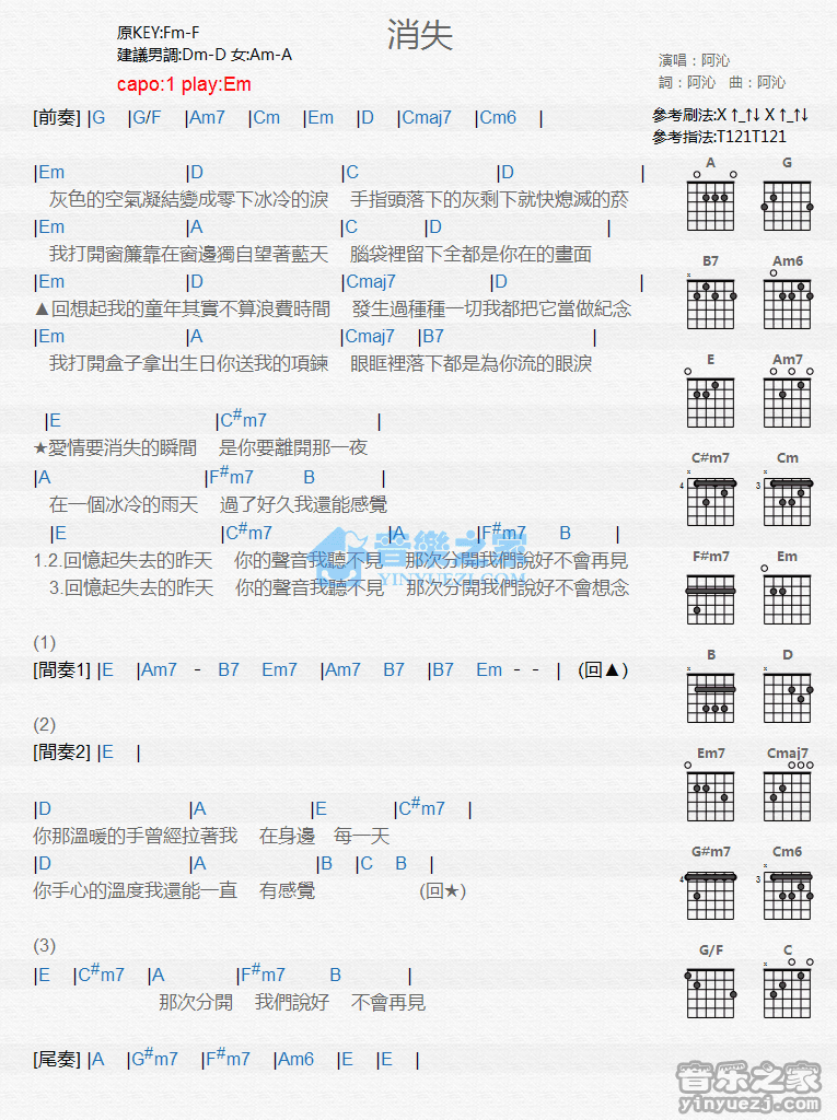 消失吉他谱 E调和弦谱_音乐之家编配_阿沁-吉他谱_吉他弹唱六线谱_指弹吉他谱_吉他教学视频 - 民谣吉他网