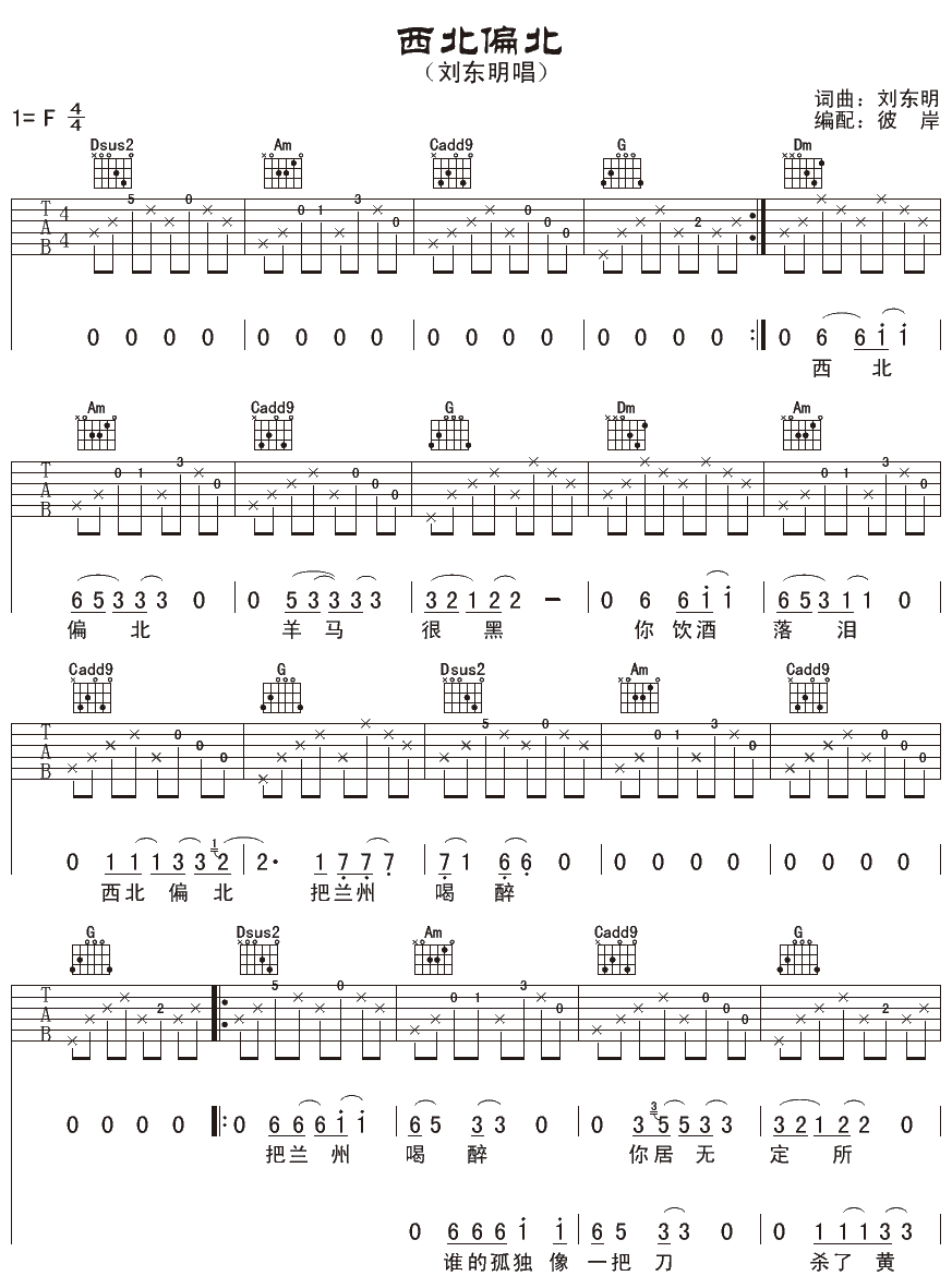 西北偏北吉他谱 F调男生版_彼岸吉他编配_刘东明-吉他谱_吉他弹唱六线谱_指弹吉他谱_吉他教学视频 - 民谣吉他网