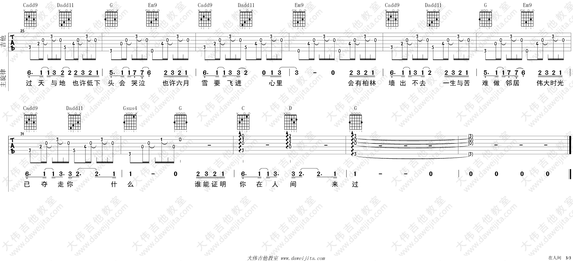 在人间吉他谱 G调_大伟吉他教室编配_王建房