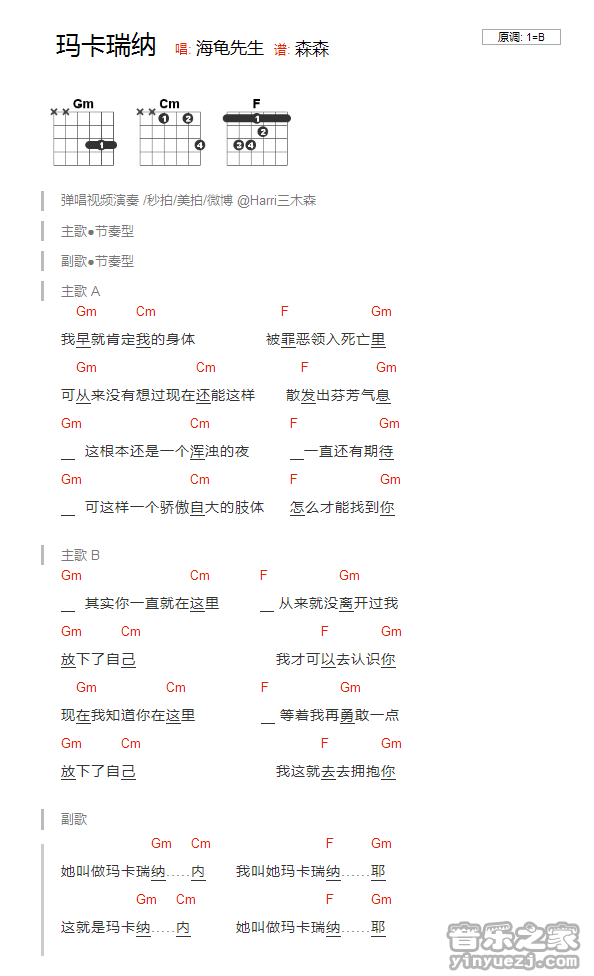 玛卡瑞纳吉他谱 B调_音乐之家编配_海龟先生-吉他谱_吉他弹唱六线谱_指弹吉他谱_吉他教学视频 - 民谣吉他网