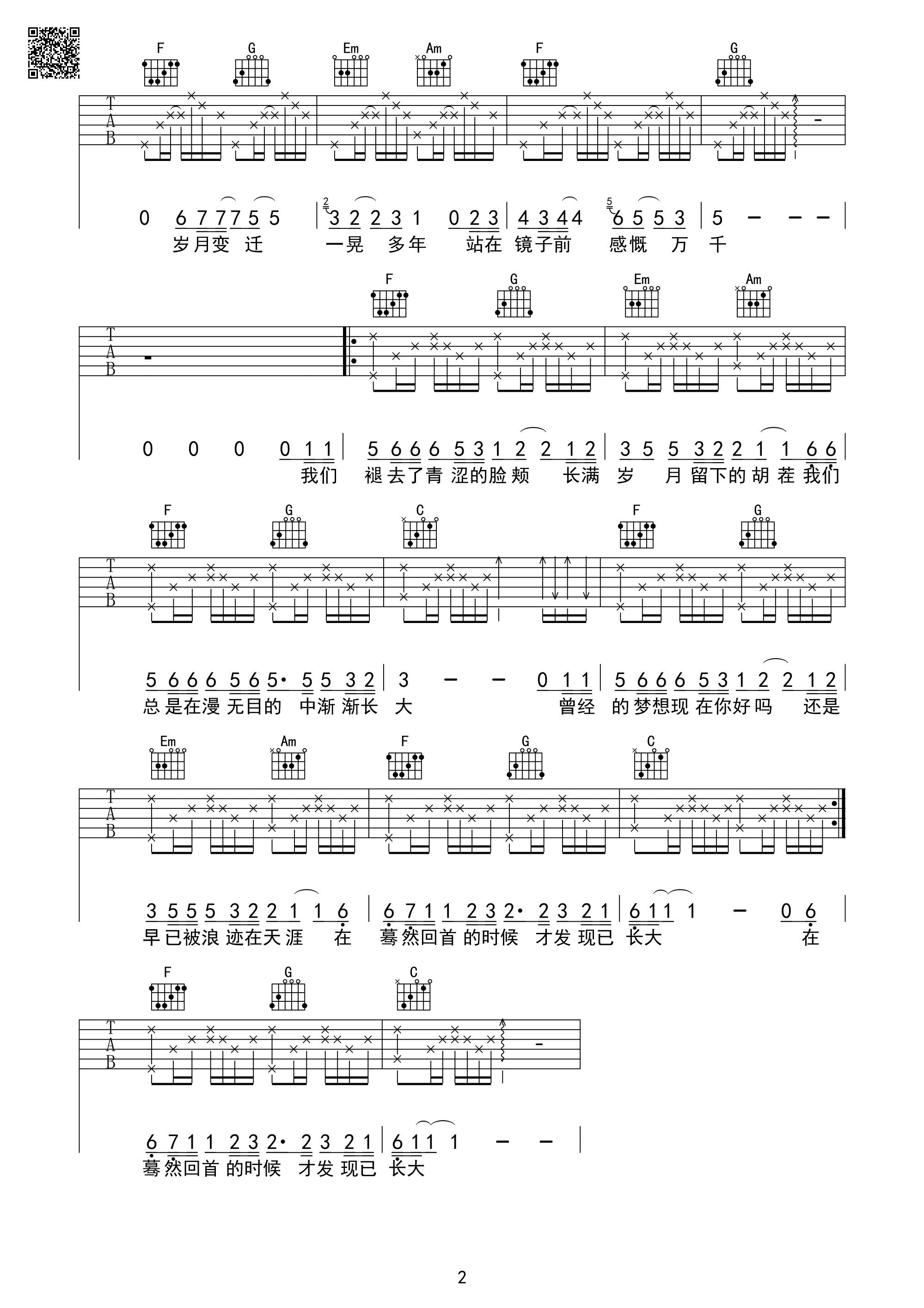 长大吉他谱 E调六线谱_芃文琴行音乐编配_钟易轩
