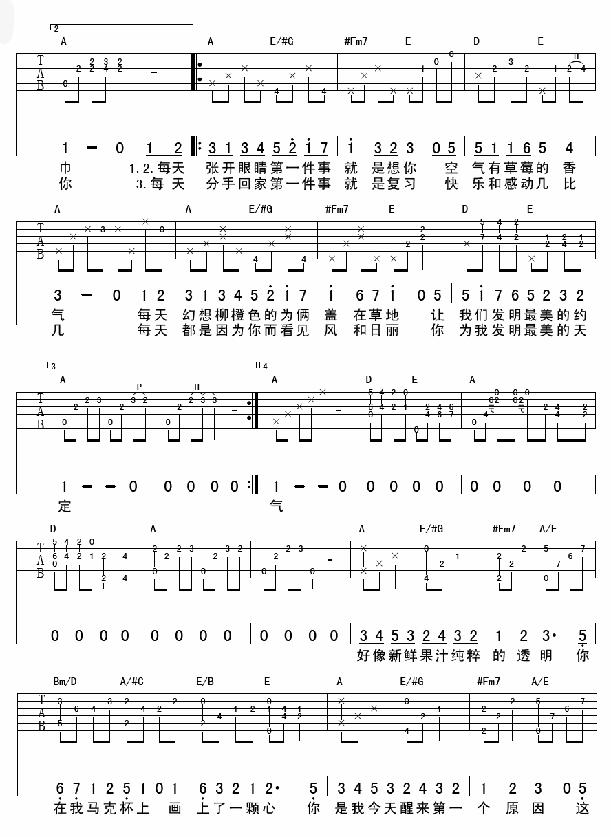 每天第一件事吉他谱 C调附前奏_杨鑫编配_梁静茹