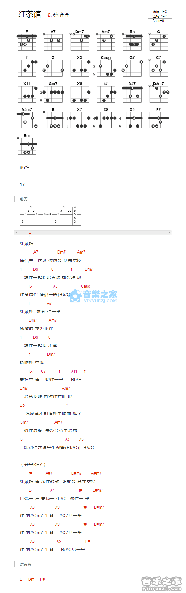 红茶馆吉他谱 C调和弦谱_音乐之家编配_陈慧娴-吉他谱_吉他弹唱六线谱_指弹吉他谱_吉他教学视频 - 民谣吉他网