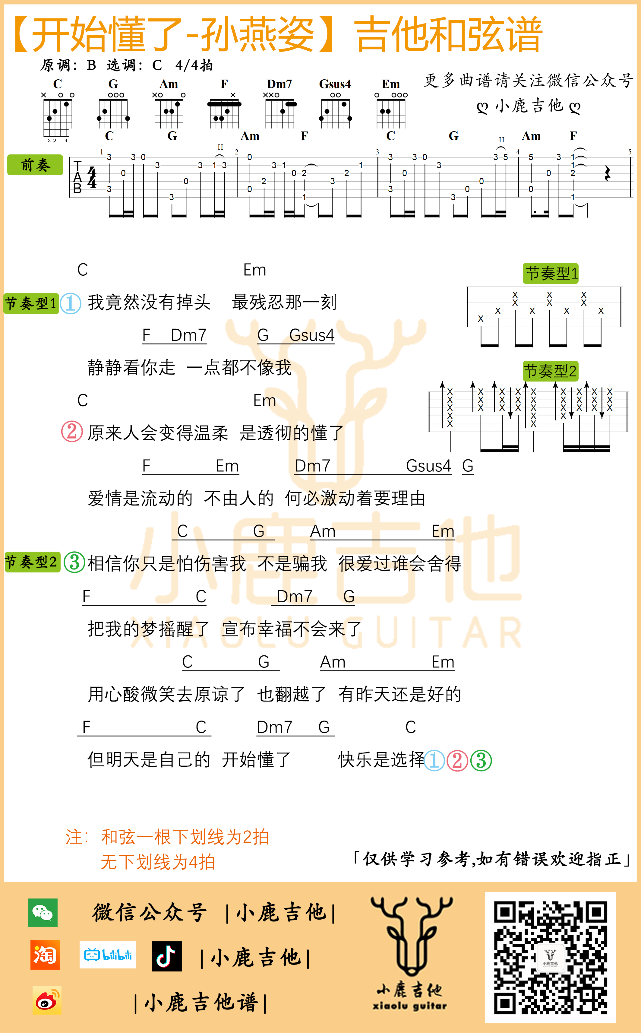 开始懂了吉他谱孙燕姿C调指法_小鹿吉他-吉他谱_吉他弹唱六线谱_指弹吉他谱_吉他教学视频 - 民谣吉他网