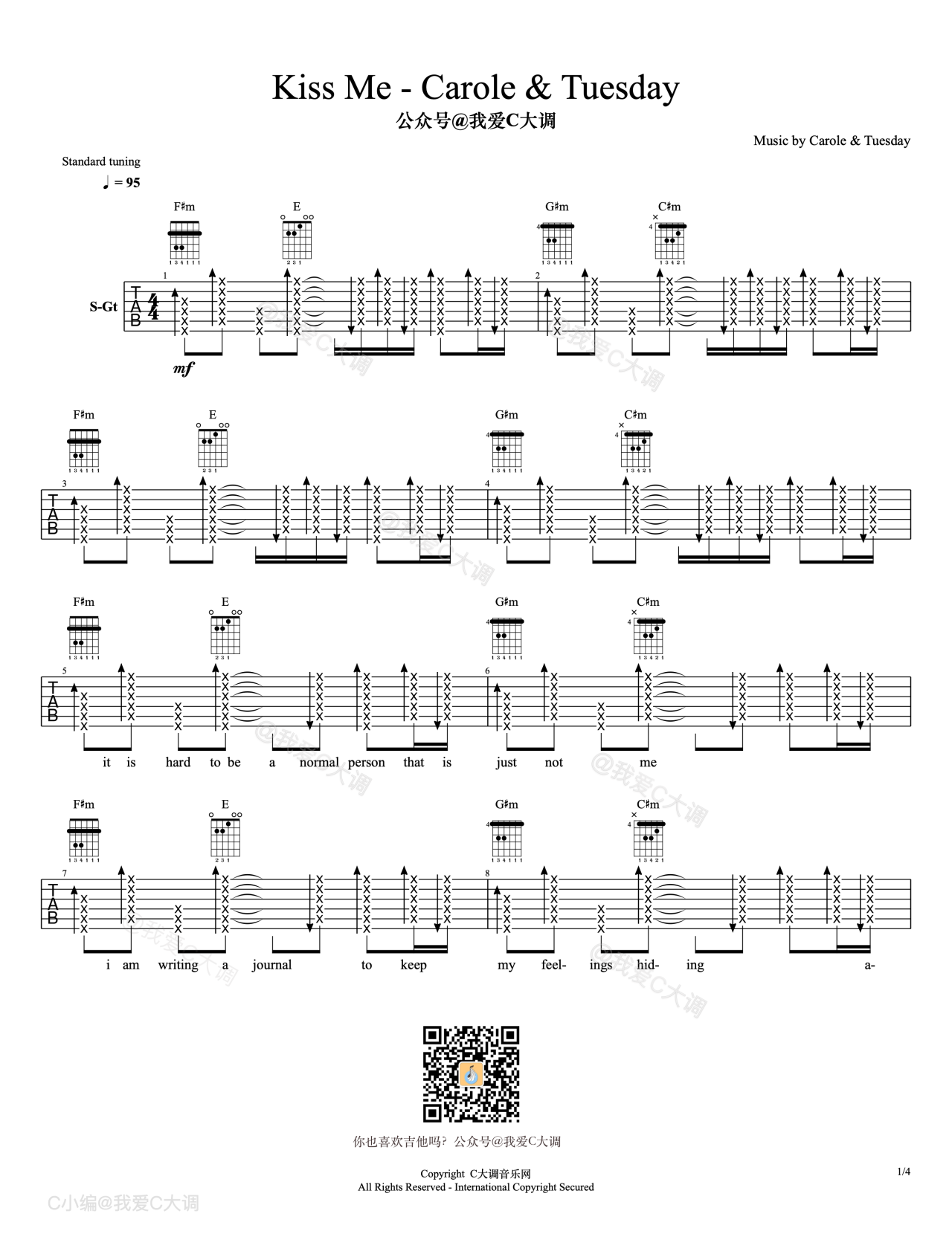 Kiss Me吉他谱 C调六线谱_我爱C大调编配_Carole&Tuesday-吉他谱_吉他弹唱六线谱_指弹吉他谱_吉他教学视频 - 民谣吉他网