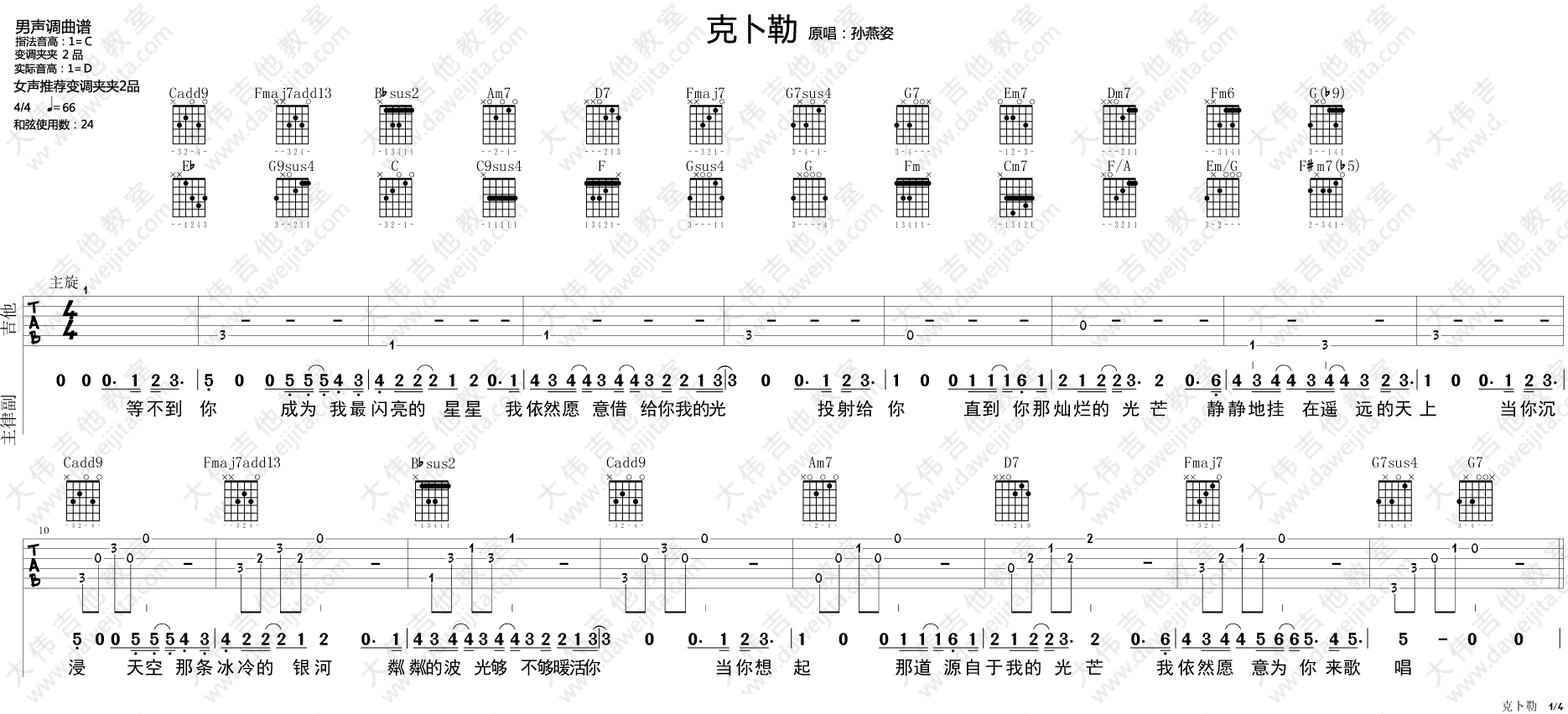 克卜勒吉他谱 C调附弹唱_大伟吉他教室编配_孙燕姿-吉他谱_吉他弹唱六线谱_指弹吉他谱_吉他教学视频 - 民谣吉他网