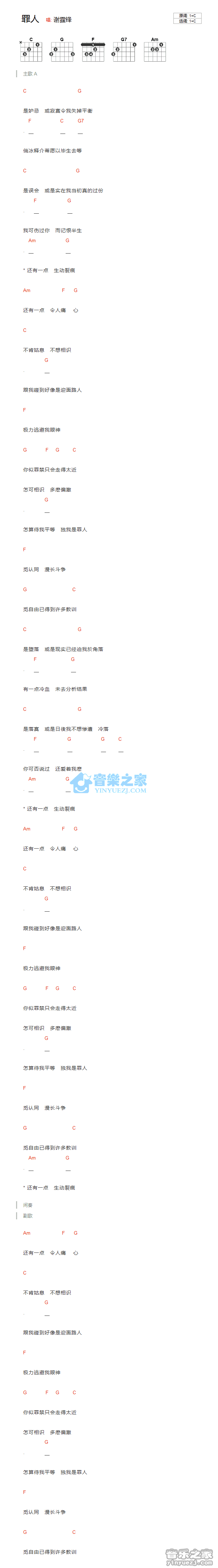 罪人吉他谱 C调和弦谱_音乐之家编配_谢霆锋-吉他谱_吉他弹唱六线谱_指弹吉他谱_吉他教学视频 - 民谣吉他网