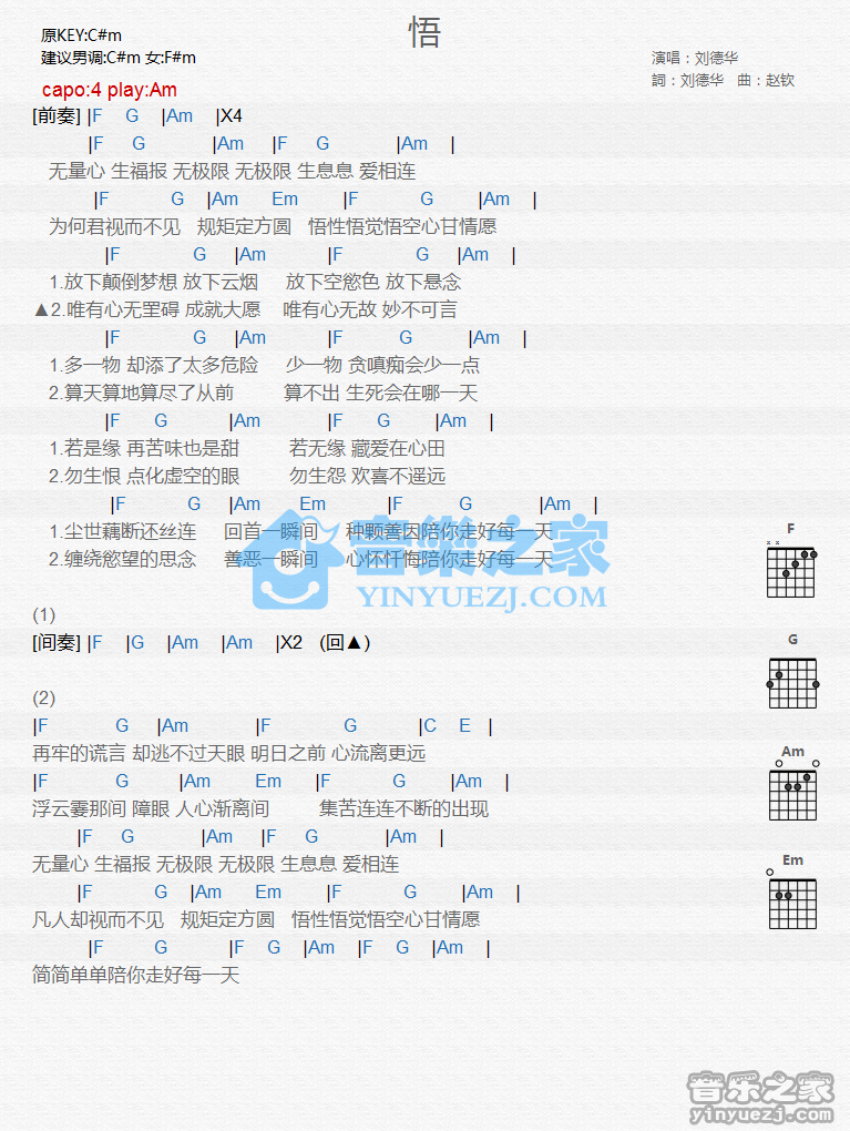 悟吉他谱 C调和弦谱_音乐之家编配_刘德华-吉他谱_吉他弹唱六线谱_指弹吉他谱_吉他教学视频 - 民谣吉他网