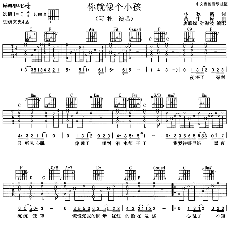 你就像个小孩吉他谱 C调六线谱_附前奏_阿杜-吉他谱_吉他弹唱六线谱_指弹吉他谱_吉他教学视频 - 民谣吉他网