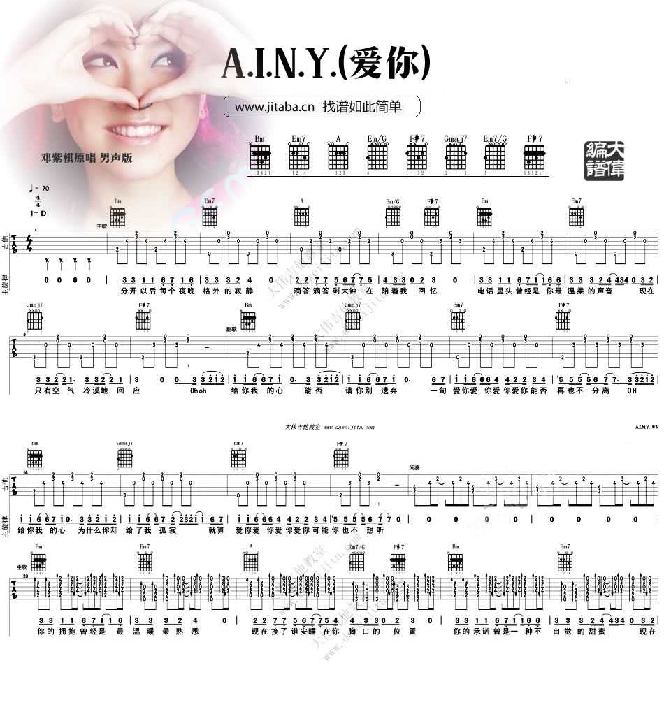 AINY爱你吉他谱 D调男生版_大伟吉他教室编配_邓紫棋-吉他谱_吉他弹唱六线谱_指弹吉他谱_吉他教学视频 - 民谣吉他网