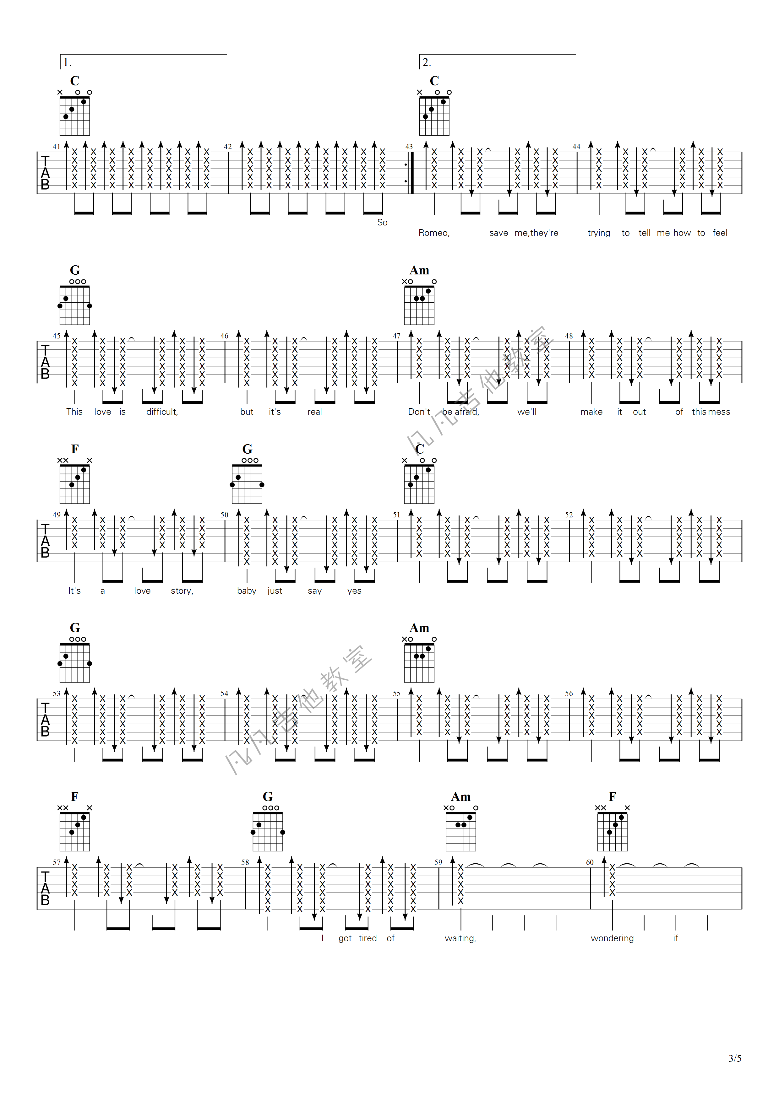 love story吉他谱 C调_扫弦节奏版本_凡凡吉他教室编配