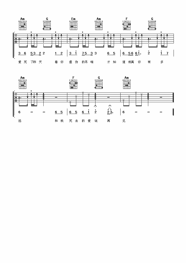 爱死了昨天吉他谱 C调简单版_阿潘音乐工场编配_李慧珍