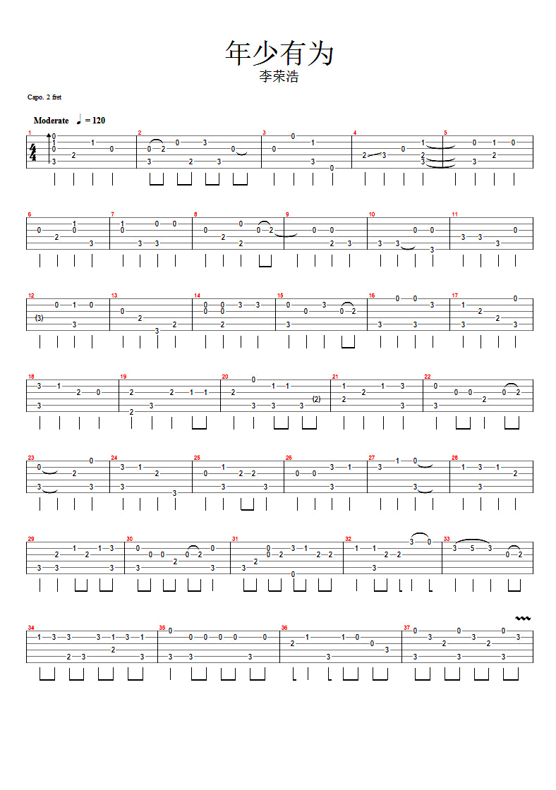 年少有为吉他谱 指弹版_清流指弹编配_李荣浩-吉他谱_吉他弹唱六线谱_指弹吉他谱_吉他教学视频 - 民谣吉他网