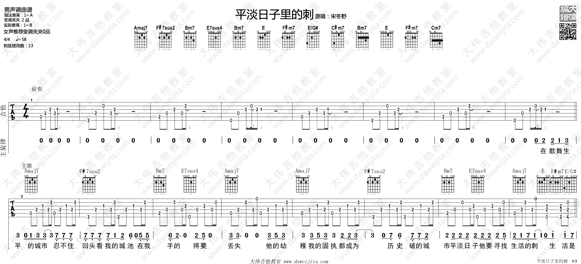 平淡日子里的刺吉他谱 A调高清版_大伟吉他教室编配_宋冬野-吉他谱_吉他弹唱六线谱_指弹吉他谱_吉他教学视频 - 民谣吉他网