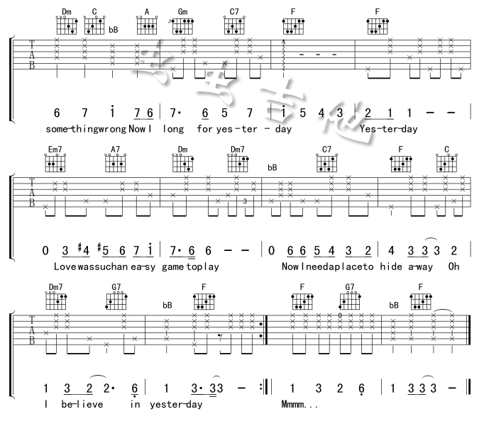 yesterday吉他谱 F调六线谱_虫虫吉他编配_the beatles