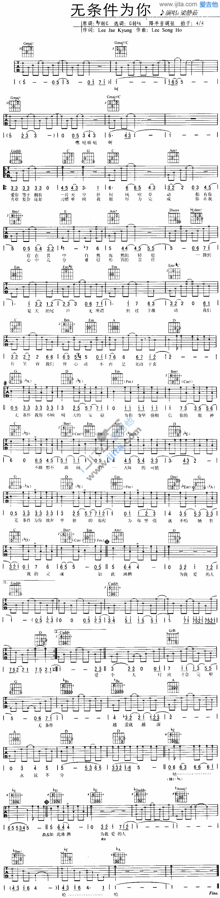 无条件为你吉他谱 C调六线谱_简单版_梁静茹-吉他谱_吉他弹唱六线谱_指弹吉他谱_吉他教学视频 - 民谣吉他网