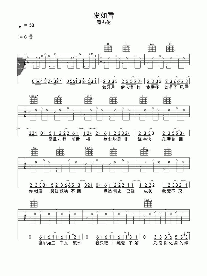 发如雪吉他谱 C调简单版_周杰伦-吉他谱_吉他弹唱六线谱_指弹吉他谱_吉他教学视频 - 民谣吉他网