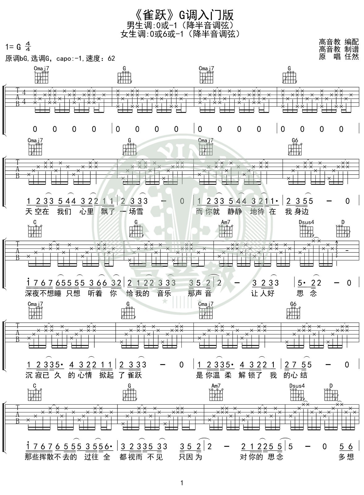 雀跃吉他谱 G调入门版_高音教编配_任然-吉他谱_吉他弹唱六线谱_指弹吉他谱_吉他教学视频 - 民谣吉他网