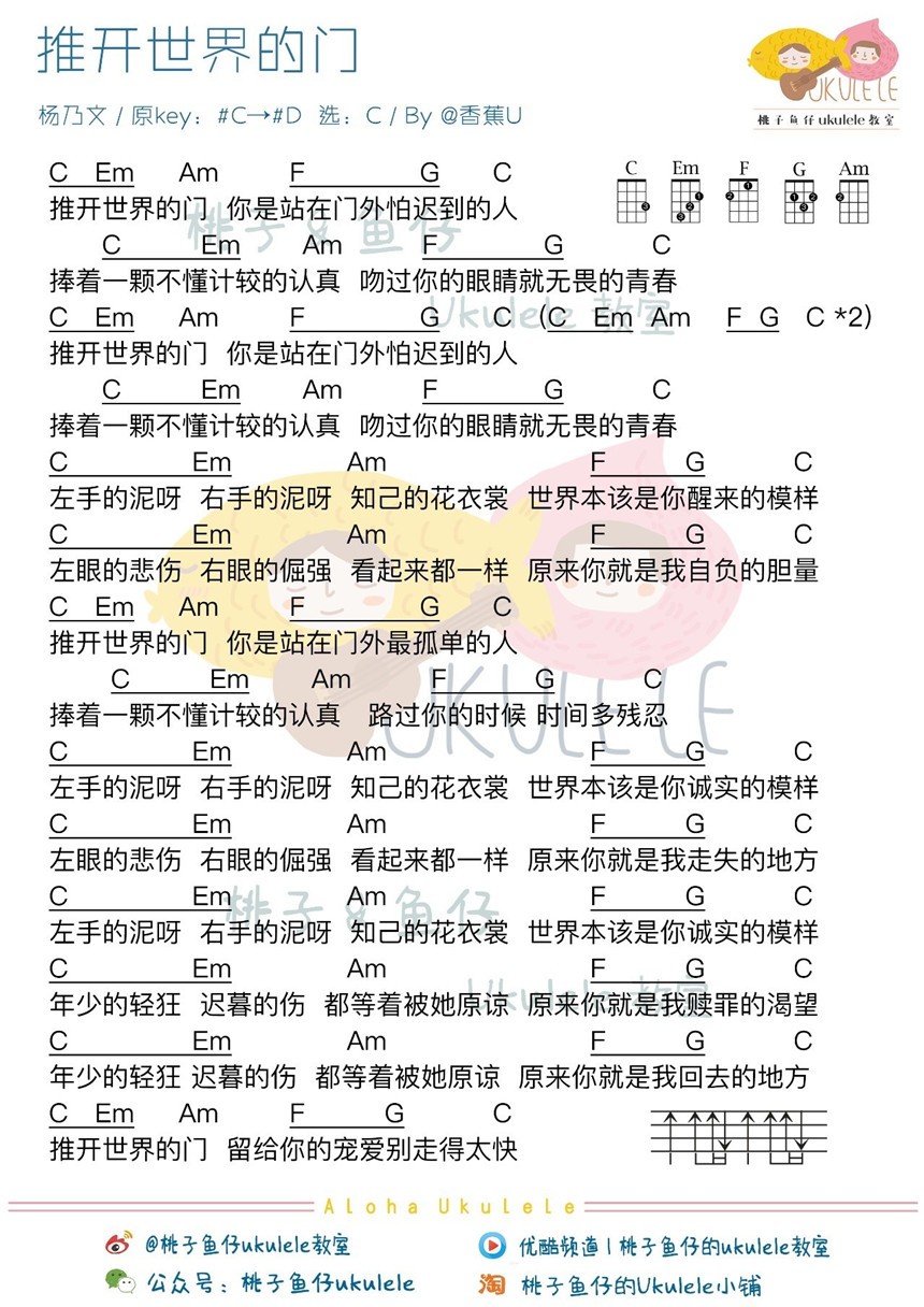 推开世界的门吉他谱 C调和弦谱_桃子鱼仔教室编配_杨乃文-吉他谱_吉他弹唱六线谱_指弹吉他谱_吉他教学视频 - 民谣吉他网