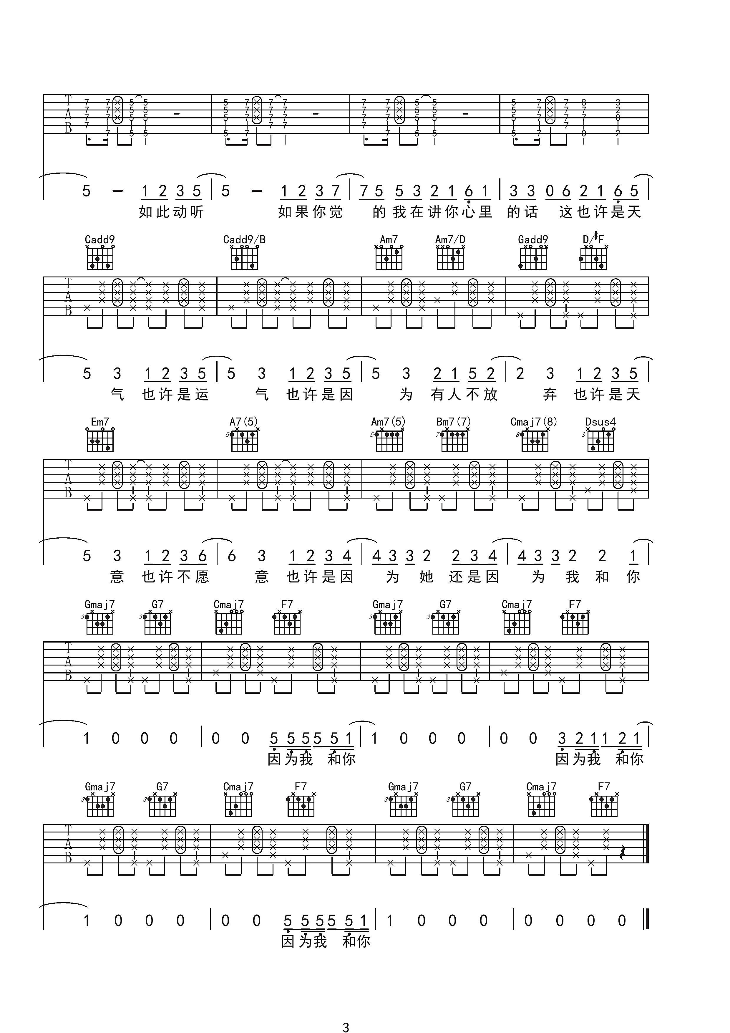因为你吉他谱 G调六线谱_高清版_方大同