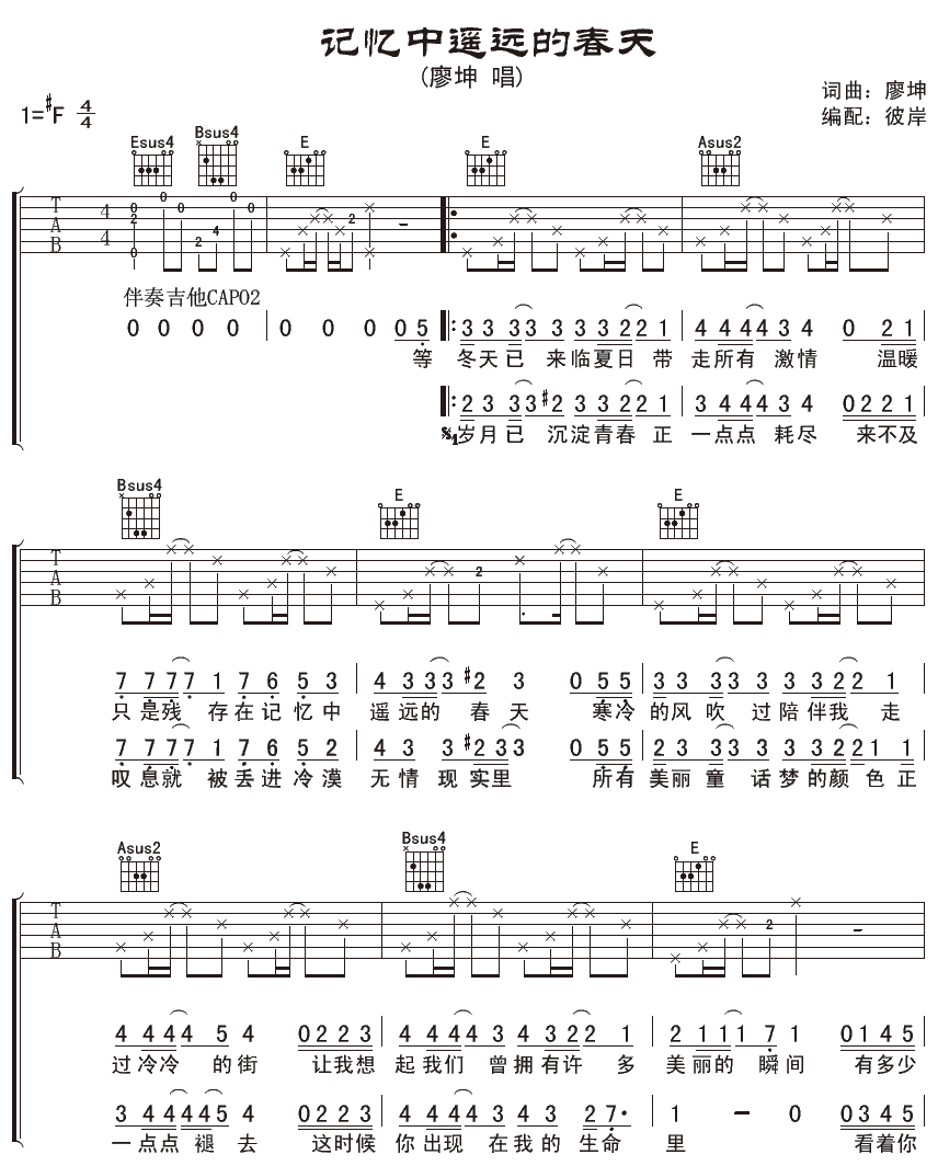 记忆中遥远的春天吉他谱 F调精选版_彼岸吉他编配_廖坤-吉他谱_吉他弹唱六线谱_指弹吉他谱_吉他教学视频 - 民谣吉他网