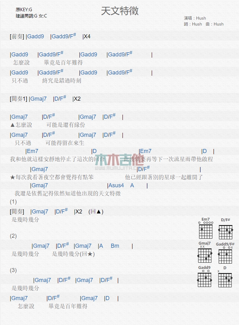 天文特征吉他谱 C调和弦谱_木木吉他编配_HUSH-吉他谱_吉他弹唱六线谱_指弹吉他谱_吉他教学视频 - 民谣吉他网