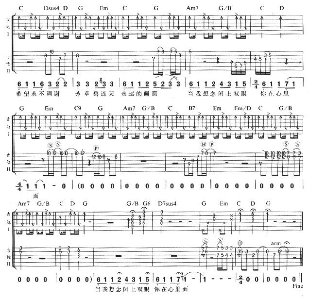 永远的画面吉他谱 G调六线谱_女生版_张惠妹