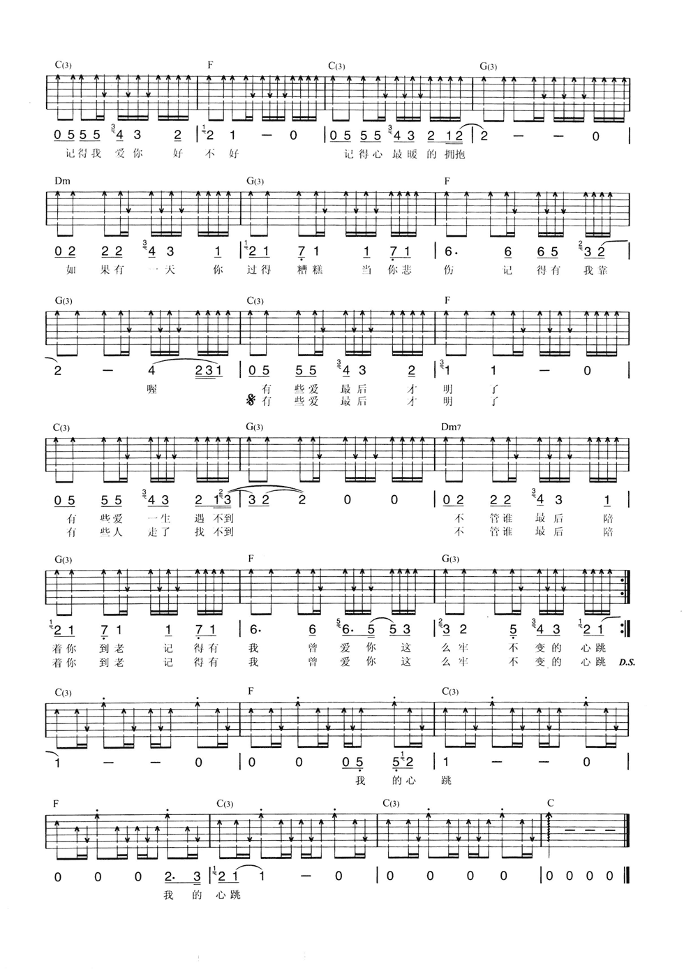 记得我爱你吉他谱 C调六线谱_扫弦版_光良