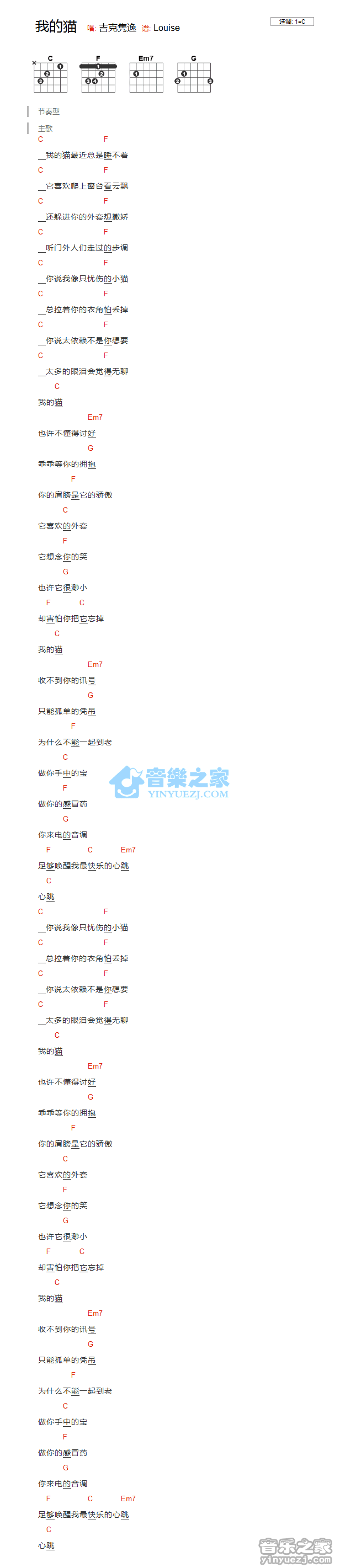 我的猫吉他谱 C调和弦谱_编配_吉克隽逸-吉他谱_吉他弹唱六线谱_指弹吉他谱_吉他教学视频 - 民谣吉他网