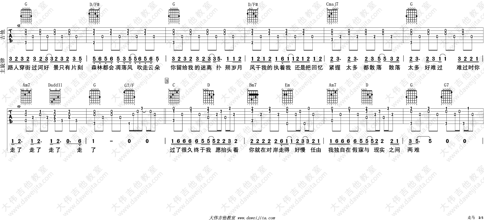 走马吉他谱 G调男声版_大伟吉他教室编配_摩登兄弟