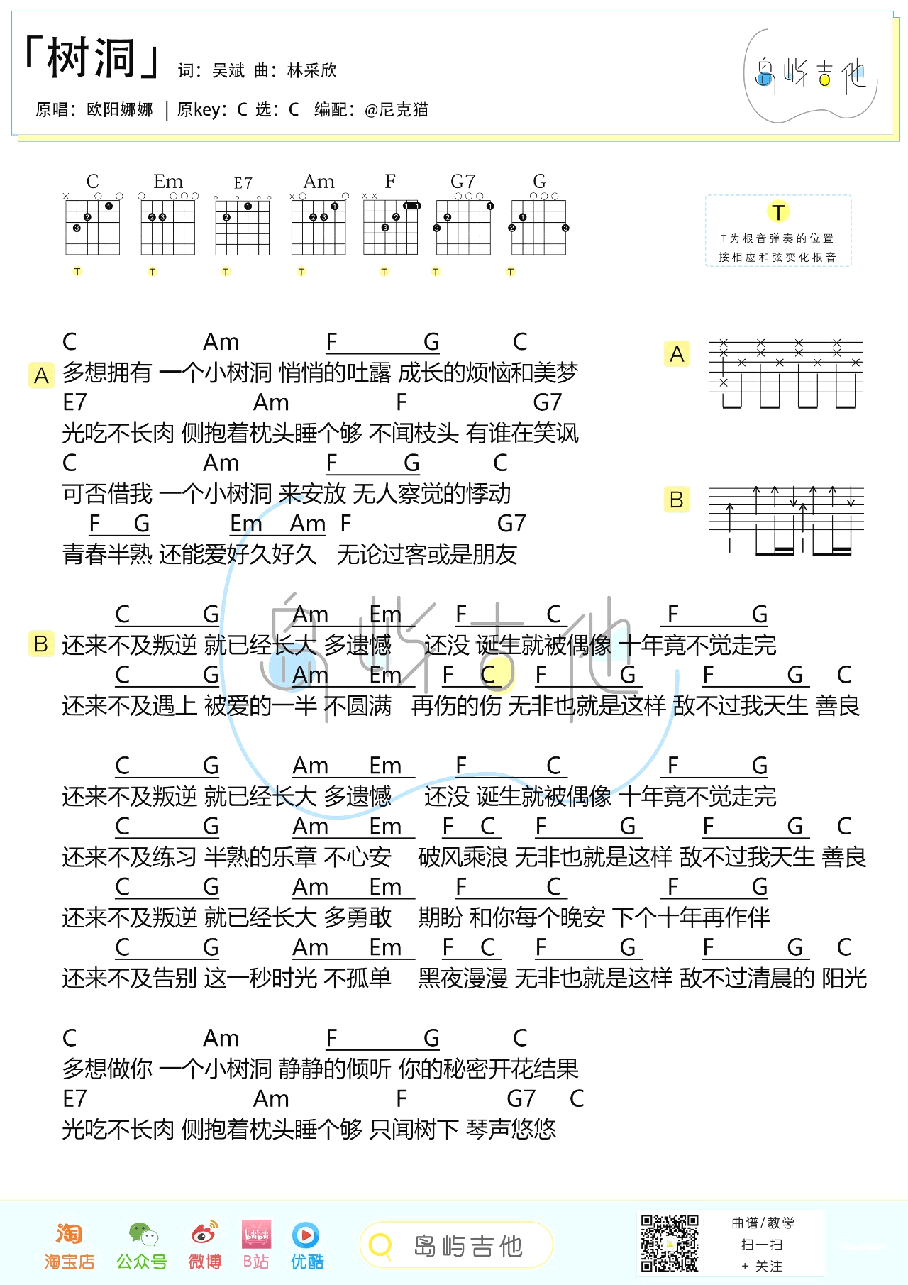 树洞吉他谱 C调简单版_岛屿吉他编配_欧阳娜娜