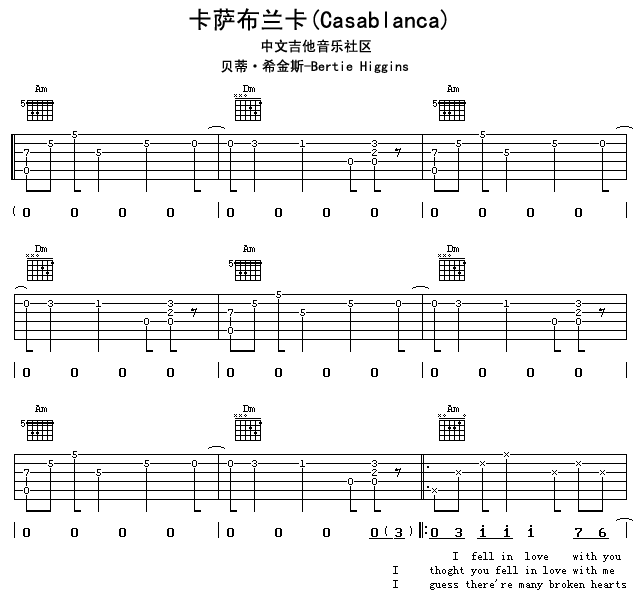 卡萨布兰卡吉他谱 A调扫弦版_17吉他编配_贝蒂·希金斯-吉他谱_吉他弹唱六线谱_指弹吉他谱_吉他教学视频 - 民谣吉他网